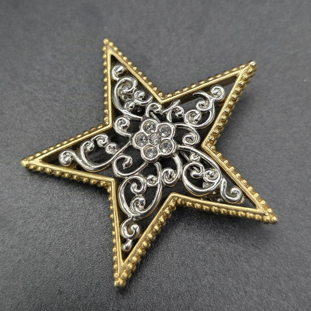Gold and Silver Star Filigree Brooch with Rhinestones